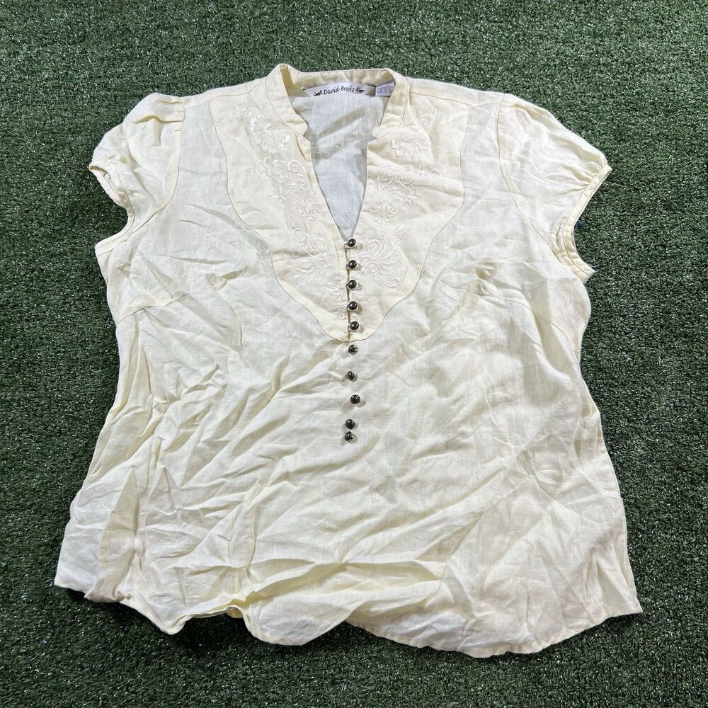 David Brooks Women's Yellow Linen Short Sleeve Button Top Size L